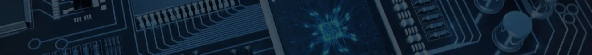 Abstract view of a blue circuit board featuring a prominent central microchip with glowing connections. Surrounding components include various electronic elements, creating a high-tech atmosphere that represents advanced technology and electronics.