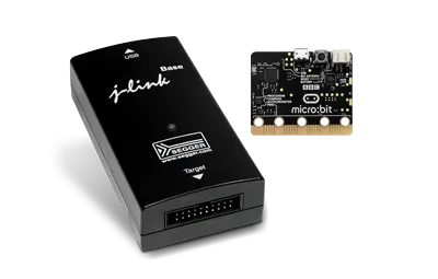 The image shows a J-Link debugging tool, a black device with USB connectivity and a green LED indicator, alongside a micro:bit board, a small electronic component with various pins and a camera module. Both devices are used for programming and debugging electronic projects.