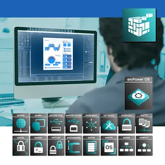 A computer screen displays data visualizations and software tools related to emPower OS, surrounded by various functional icons like emWeb, emSSH, and emSecurity. A person is seated, focusing on the monitor, suggesting a tech-related work environment.