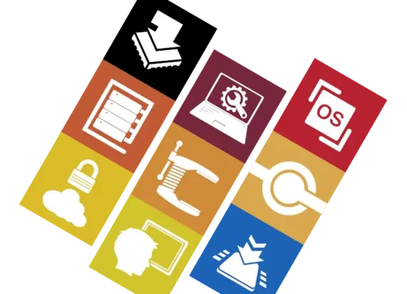 The image features a series of colorful icons representing various technology-related concepts: downloading, note-taking, cybersecurity, software management, and communication tools. Each icon conveys a distinct function, aiming to illustrate the intersection of technology and productivity.