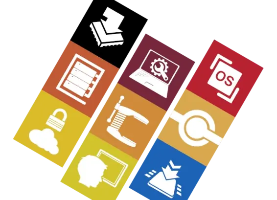 The image features a series of colorful icons representing various technology-related concepts: downloading, note-taking, cybersecurity, software management, and communication tools. Each icon conveys a distinct function, aiming to illustrate the intersection of technology and productivity.