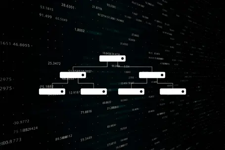 A digital tree diagram with nodes connected by lines is displayed against a dark background filled with data points. The nodes contain numeric values, representing a structured layout of information in a technological context.