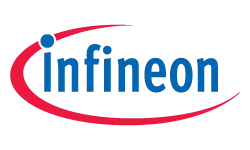 The image features the logo of Infineon, which includes the company name "infineon" written in blue letters, accompanied by a red curved line that partially encircles the text. The design conveys a modern and technological aesthetic.