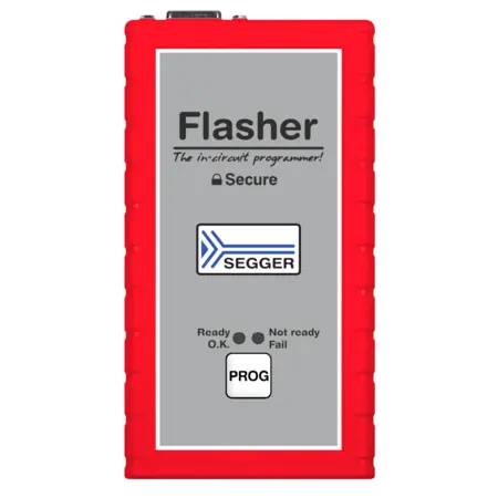 An in-circuit programmer device labeled "Flasher" with a gray face and red casing. It features the SEGGER logo, status indicators for "Ready," "Not ready," and "Fail," along with a "PROG" button, highlighting its function for programming tasks.