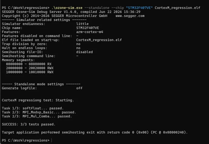 Alt text: A screenshot of a Windows PowerShell window displaying the output of a regression test for a CortexM microcontroller. It includes logs of tasks performed, memory segments, and the result indicating that all tests passed successfully.