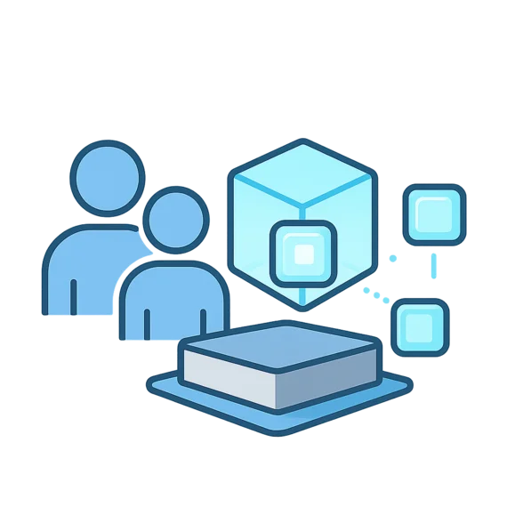 An illustration depicting two simplified figures representing people, alongside a geometric shape symbolizing data or information. Small squares surrounding the central shape suggest digital interaction or processing, conveying themes of collaboration and technology.