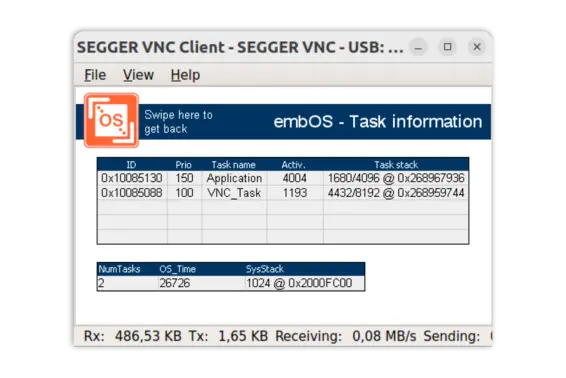SEGGER VNC Client on Ubuntu connected over USB to a STM32F746-DISCO board running emVNC-Server virtual display playing product demo