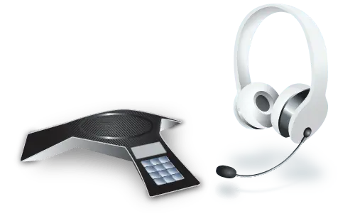 Image description: An illustration of a conference phone with a keypad on the left and a white headset with a microphone on the right. The design emphasizes communication technology commonly used in offices.