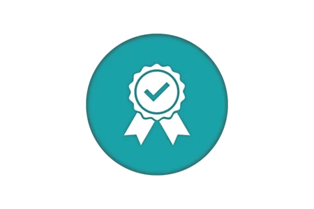 Icon of a teal circular badge with a white ribbon design, featuring a checkmark inside a circle at the center. The design symbolizes quality, achievement, or certification.