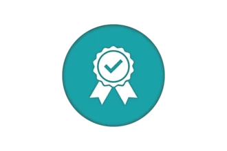 Icon of a teal circular badge with a white ribbon design, featuring a checkmark inside a circle at the center. The design symbolizes quality, achievement, or certification.