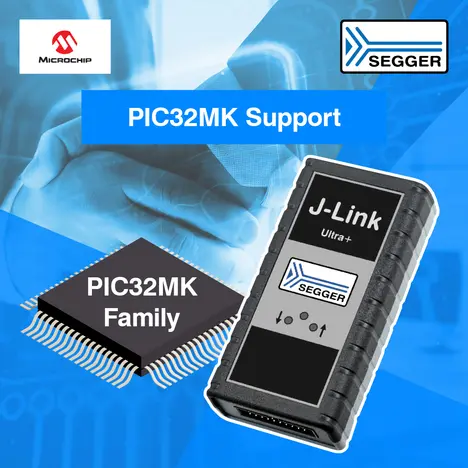 News graphic: J-Link support for PIC32MK family News graphic including black chip on the left, black J-Link on the right