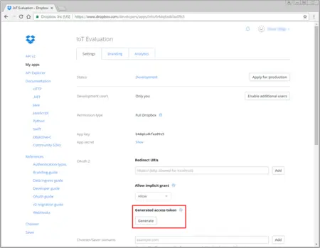 Dropbox CLient New App Created
