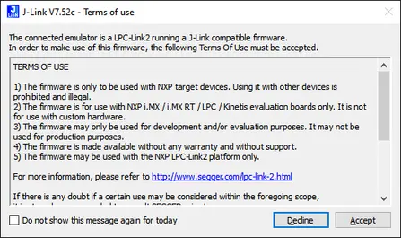 A dialog box titled "Terms of Use" for J-Link V7.52c outlines the conditions for using the firmware. It specifies that the firmware is for NXP target devices only, intended for development and evaluation purposes, not for production, and includes disclaimers about warranty and support. Options to "Decline" or "Accept" are provided.