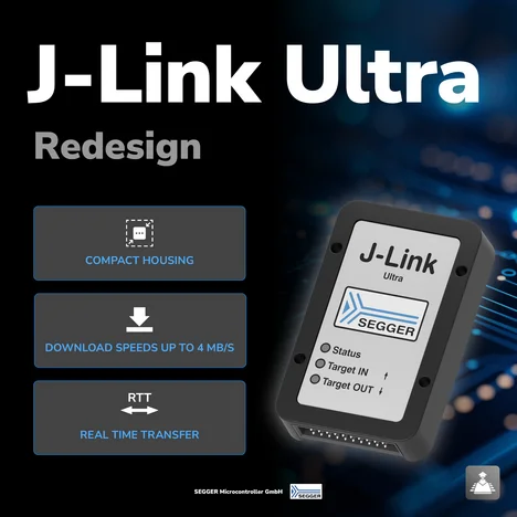 Image showing the "J-Link Ultra" device against a dark background with circuit patterns. Key features listed include "Compact Housing," "Download speeds up to 4 MB/S," and "Real-Time Transfer (RTT)." The SEGGER logo is visible, and the device is depicted prominently on the right.