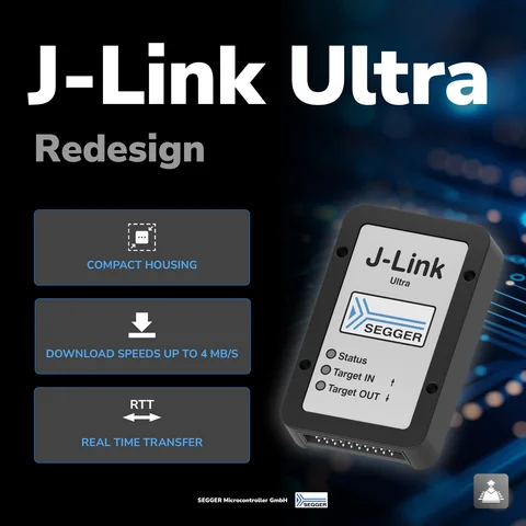 Image showing the "J-Link Ultra" device against a dark background with circuit patterns. Key features listed include "Compact Housing," "Download speeds up to 4 MB/S," and "Real-Time Transfer (RTT)." The SEGGER logo is visible, and the device is depicted prominently on the right.