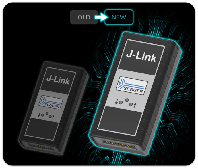 Image showing two J-Link devices, labeled "OLD" and "NEW," with a glowing arrow indicating the transition from the old to the new version. The background features a circuit-like design, emphasizing a technological theme.