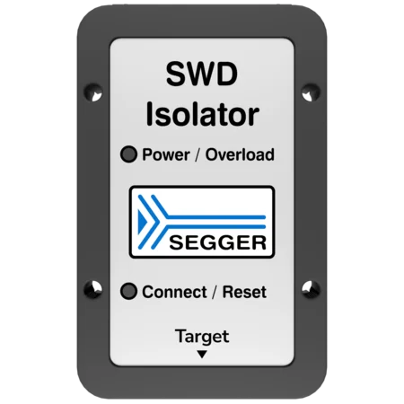 Image of a rectangular device labeled "SWD Isolator" with buttons for "Power / Overload" and "Connect / Reset." The SEGGER logo is displayed prominently. The design includes markings to indicate functionality for electronic projects or debugging.