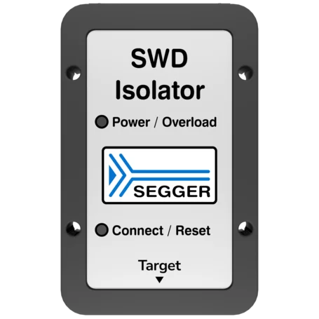 Image of a rectangular device labeled "SWD Isolator" with buttons for "Power / Overload" and "Connect / Reset." The SEGGER logo is displayed prominently. The design includes markings to indicate functionality for electronic projects or debugging.
