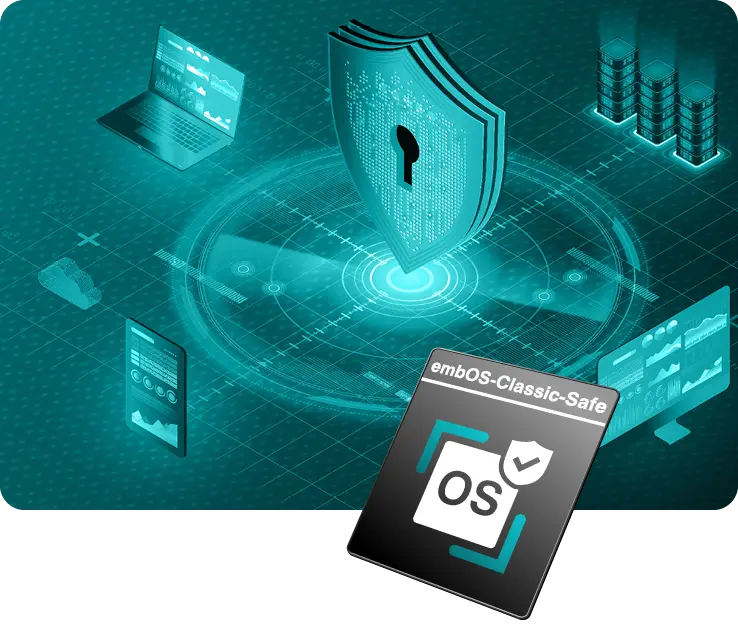 An illustration depicting a digital security concept with a shield featuring a keyhole at its center. Surrounding the shield are various devices, including laptops and cloud symbols, representing data protection and monitoring. The "embOS-Safe" logo is prominently displayed, emphasizing secure operating system features.