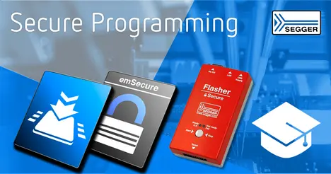 Image shows the title "Secure Programming" alongside a red device labeled "Flasher & Secure" by SEGGER. It features icons representing downloading and security. The background is in shades of blue, emphasizing the focus on secure programming solutions.