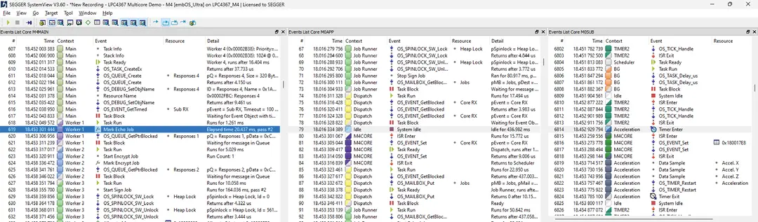 Events list window showing events of different cores in individual lists