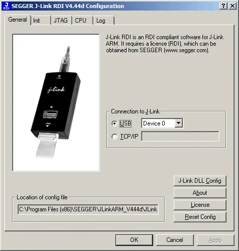 Configuration window for J-Link RDI software, showing options for connection via USB or TCP/IP. Includes fields for device selection, configuration file location, and buttons for "About," "License," and "Reset Config." Main object is a USB device with a cable, labeled "J-Link."