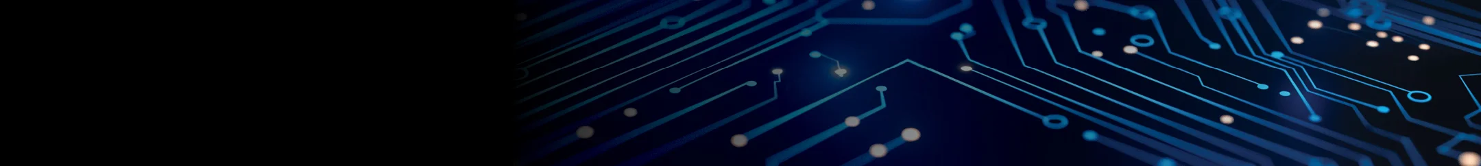 Close-up of an intricate circuit board featuring glowing blue lines and dots. The background is dark, enhancing the luminous elements of the circuitry, creating a technological and modern visual effect.
