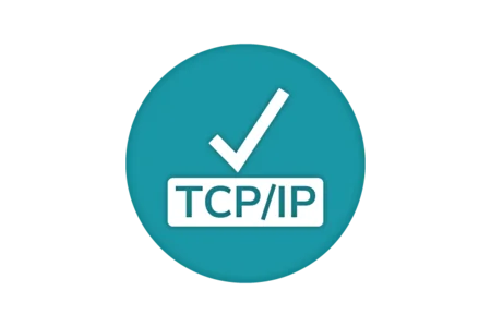 A teal circular icon features the text "TCP/IP" with a checkmark above it, indicating approval or confirmation of the TCP/IP protocol.