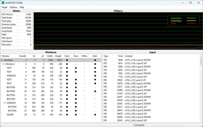 Runtime analysis of RAM usage with Window manager content of emWinSPY