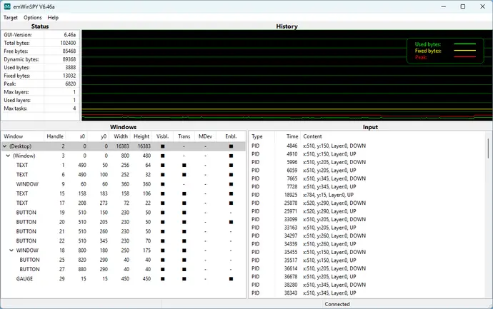 Runtime analysis of RAM usage with Window manager content of emWinSPY