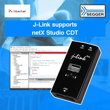 An electronic device labeled "j-link Pro" is displayed on a blue background. It features LAN and USB connections, with a JTAG interface. To the left, a software interface showcasing coding and project management is visible, demonstrating compatibility with netX Studio CDT, supported by hilscher and SEGGER.