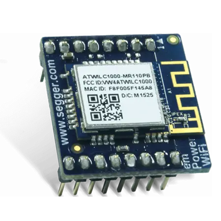 This image shows a compact electronic module featuring a blue circuit board with multiple connectors. At the center, it has a white label displaying "ATWML C1000-MR410PB" alongside various identification codes and a QR code. The module is designed for wireless communication.