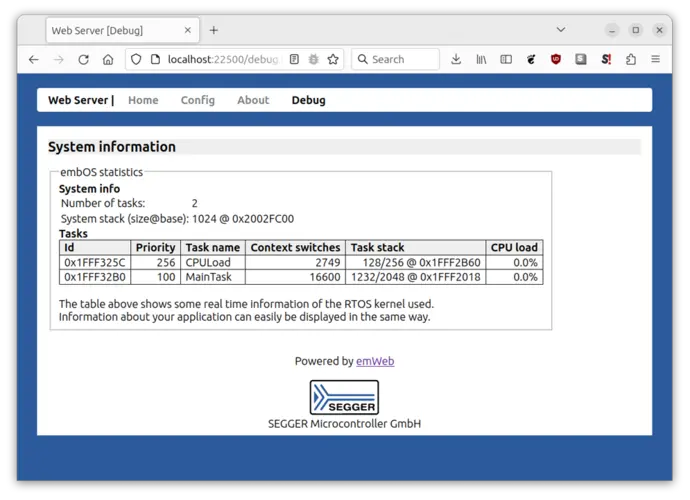 The image displays a web server interface showing system information for an RTOS. It includes details about two tasks, their IDs, priorities, context switches, task stacks, and CPU load percentages, indicating minimal usage for both tasks. The footer credits SEGGER Microcontroller GmbH.