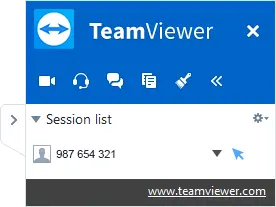 The image displays the TeamViewer interface, featuring the title "TeamViewer" at the top. Below, there is a section labeled "Session list" with a numeric code "987 654 321." Various icons for tools are visible on the interface, indicating communication and session options.