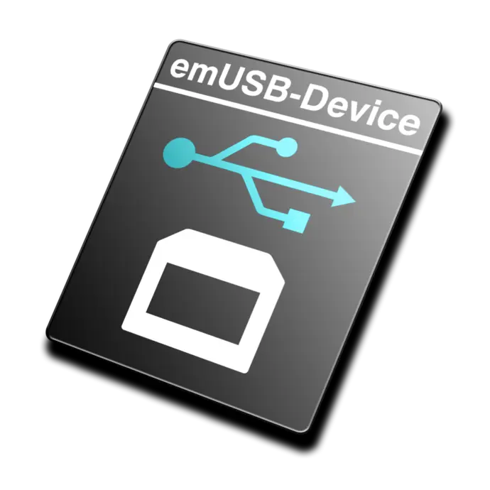 An abstract image featuring a USB symbol in blue on a dark background with the text "emUSB-Device" at the top. Below, there is a simplified representation of a device outline. The image visually represents USB connectivity.