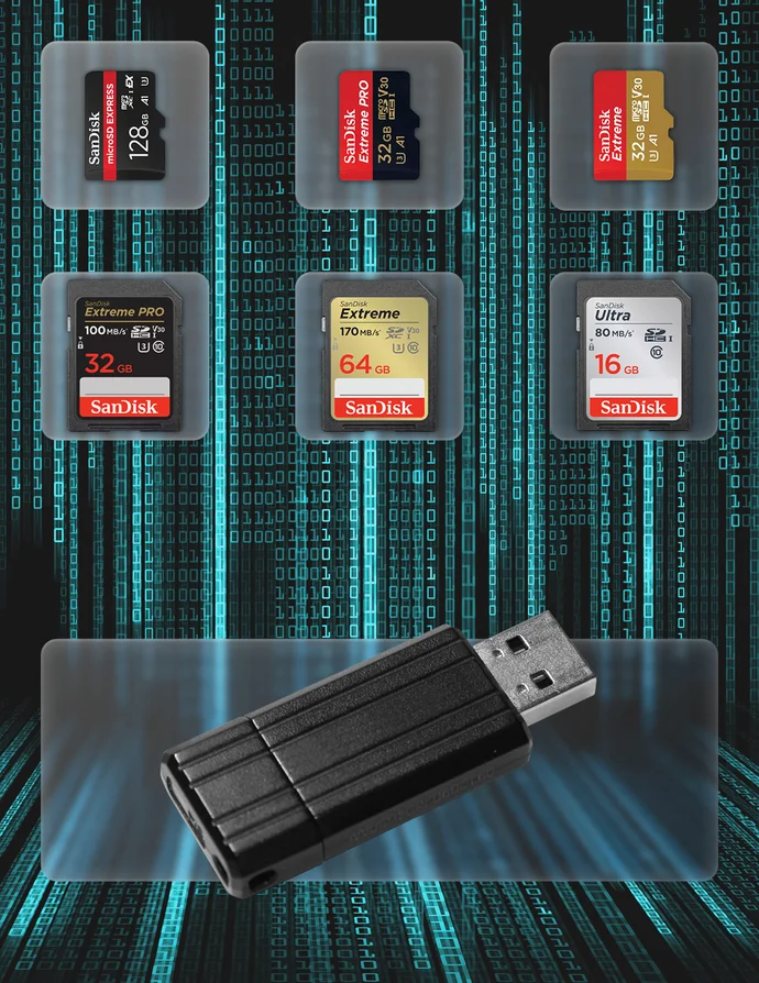 The image features several SD cards labeled "Ultra," with a capacity of 512 GB, displayed in an array. A USB card reader is prominently shown at the bottom center. The background consists of binary code patterns, emphasizing a digital theme.