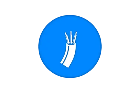 A white illustration of a bundle of wires stands out against a blue circular background. The wires are partially encased, suggesting a focus on connectivity or electrical components.