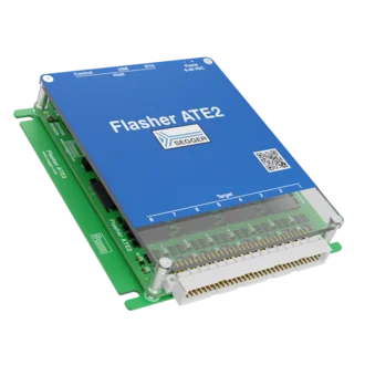 The image features the Segger Flasher ATE2, a programming and debugging device. It has a blue top with labeled ports for control and power, mounted on a green base with connectors for various electronic targets. The device is designed for efficient programming of embedded systems.