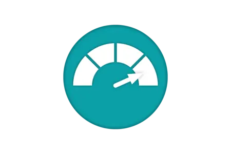 A circular gauge with a teal background displays an arrow pointing towards the right, indicating progress or a positive status. The gauge has sections marked in white, suggesting levels or increments. The design conveys a sense of measurement or evaluation.