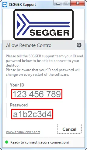 A SEGGER support window displays instructions for allowing remote control. It requests a User ID and Password to connect to a desktop, with the User ID listed as "123 456 789" and the Password as "a1b2c3d4". A "Cancel" option is also visible.