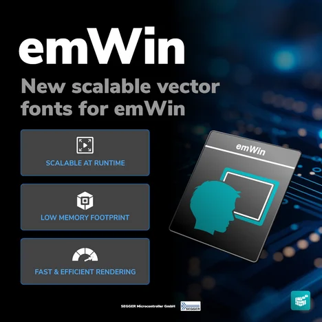 Introduction to emWin, featuring new scalable vector fonts. Highlights include: scalable at runtime, low memory footprint, and fast, efficient rendering. The design includes an image of a silhouette and technology-themed background elements.