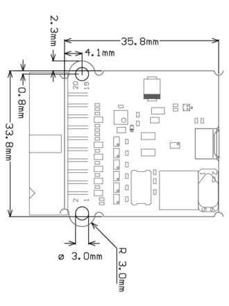 Technical diagram of a printed circuit board (PCB) illustrating its dimensions and layout. Key measurements include a width of 35.8 mm and height of 33.8 mm, with additional details such as hole diameters and component placements.