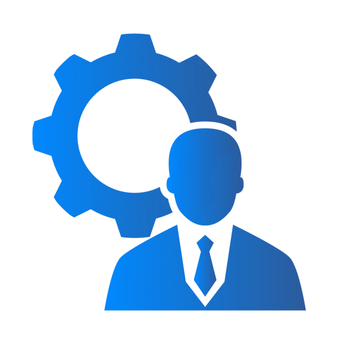 Illustration of a suited figure with a simplified gear symbol behind their head, representing the concept of management or engineering. The image is primarily blue and emphasizes a professional and technical theme.