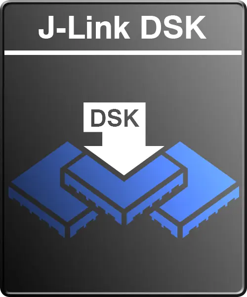 The image displays a graphic titled "J-Link DSK." It features an illustration of three interconnected electronic components, with the text "DSK" prominently positioned in the center, suggesting a connection or integration between the components. The overall color scheme is blue and black.