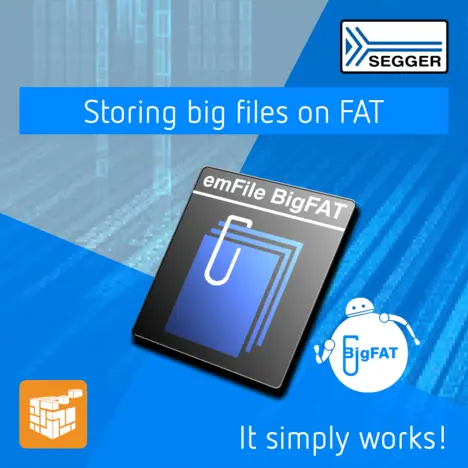 Logo for SEGGER featuring the text "Storing big files on FAT" alongside an illustration of emFile BigFAT, a file management tool, with a paperclip symbol. The image conveys the simplicity and effectiveness of managing large files on FAT systems.