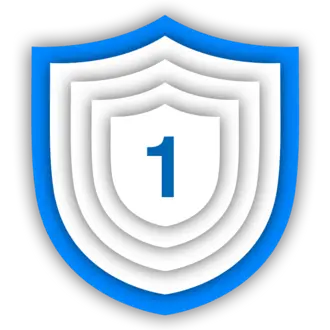 A layered shield emblem featuring a central number "1" in blue font. The shield has a gradient design with multiple layers, alternating between white and shades of blue. The overall shape is classic and symbolizes security and achievement.