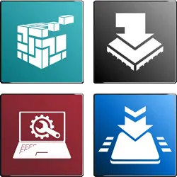 Four square icons representing different software functions: a puzzle-like cube on the top left, a downward-facing arrow on the top right, a laptop with a gear on the bottom left, and a download symbol on the bottom right. Each icon signifies tasks related to technology and software management.
