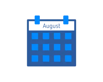 A simple blue calendar icon displaying the month of August at the top. The calendar grid shows boxes representing days of the month. The background is a darker shade, enhancing visibility of the calendar.