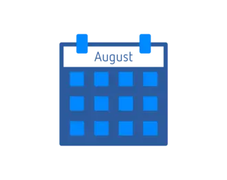 A simple blue calendar icon displaying the month of August at the top. The calendar grid shows boxes representing days of the month. The background is a darker shade, enhancing visibility of the calendar.