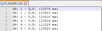 Screenshot showing Log File of emFTP for Flasher PRO, Flasher PRO XL, Flasher ARM
